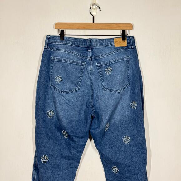 Hollister Mom Jeans Sz 31 Short Blue Embroidered Floral Curvy High Rise Raw Hem - Picture 5 of 10